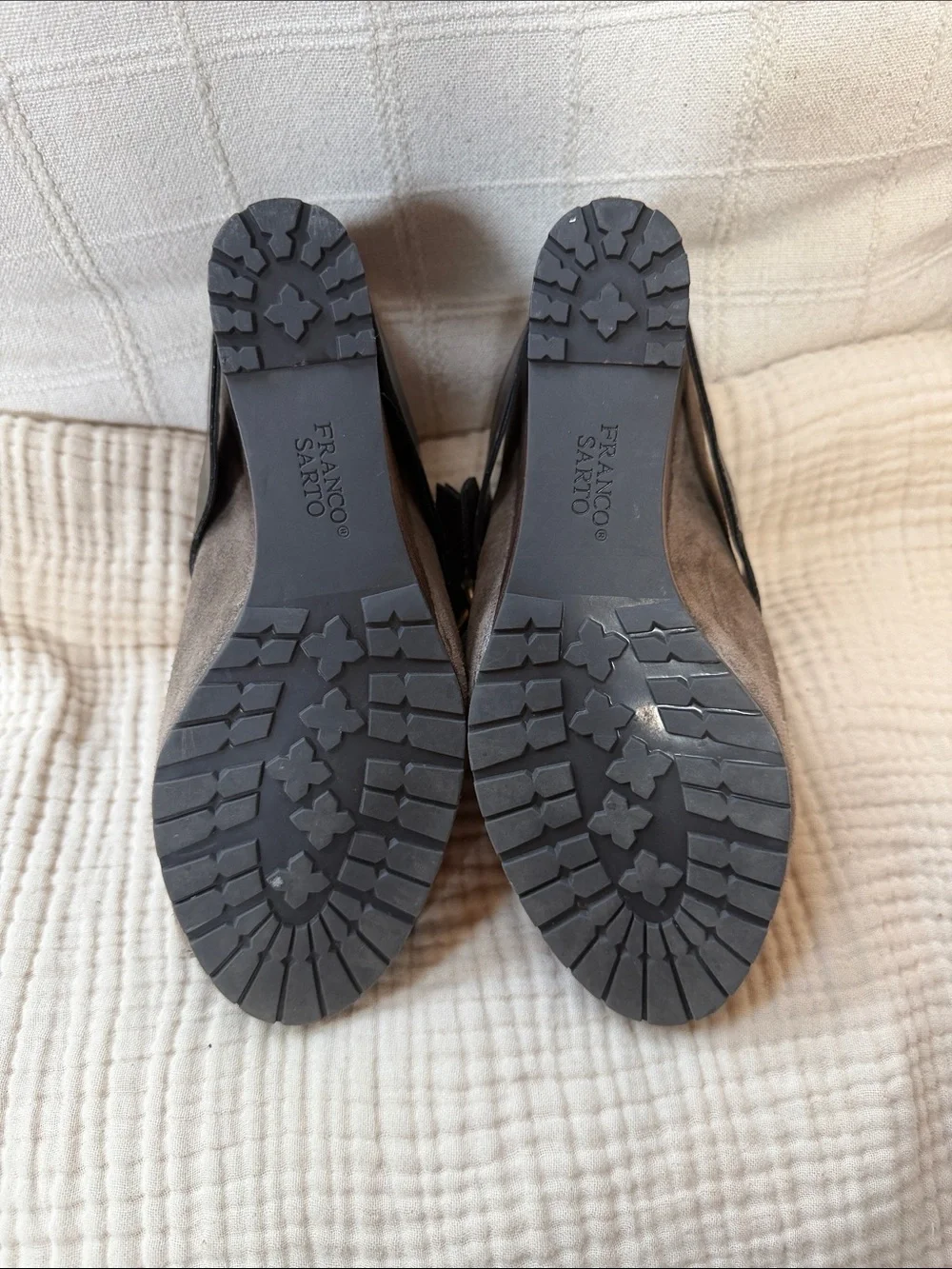 Franco Sarto Taupe Suede Open-Toe Wedge Mules